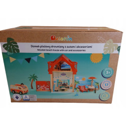 DREWNIANY DOMEK DLA LALEK PLAŻOWY ZESTAW + 17EL