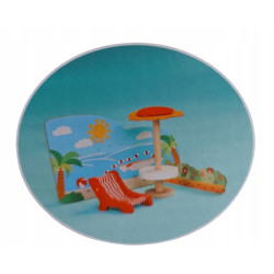 DREWNIANY DOMEK DLA LALEK PLAŻOWY ZESTAW + 17EL